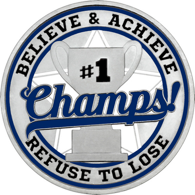 Navy Blue "Champs!" with Navy Blue Outer Circular Borders